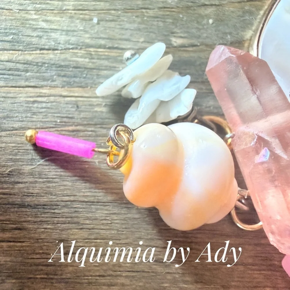 Raw cherry quartz +Gold & Heart Shell Charm Key Holder + Memories from LA PLAYA